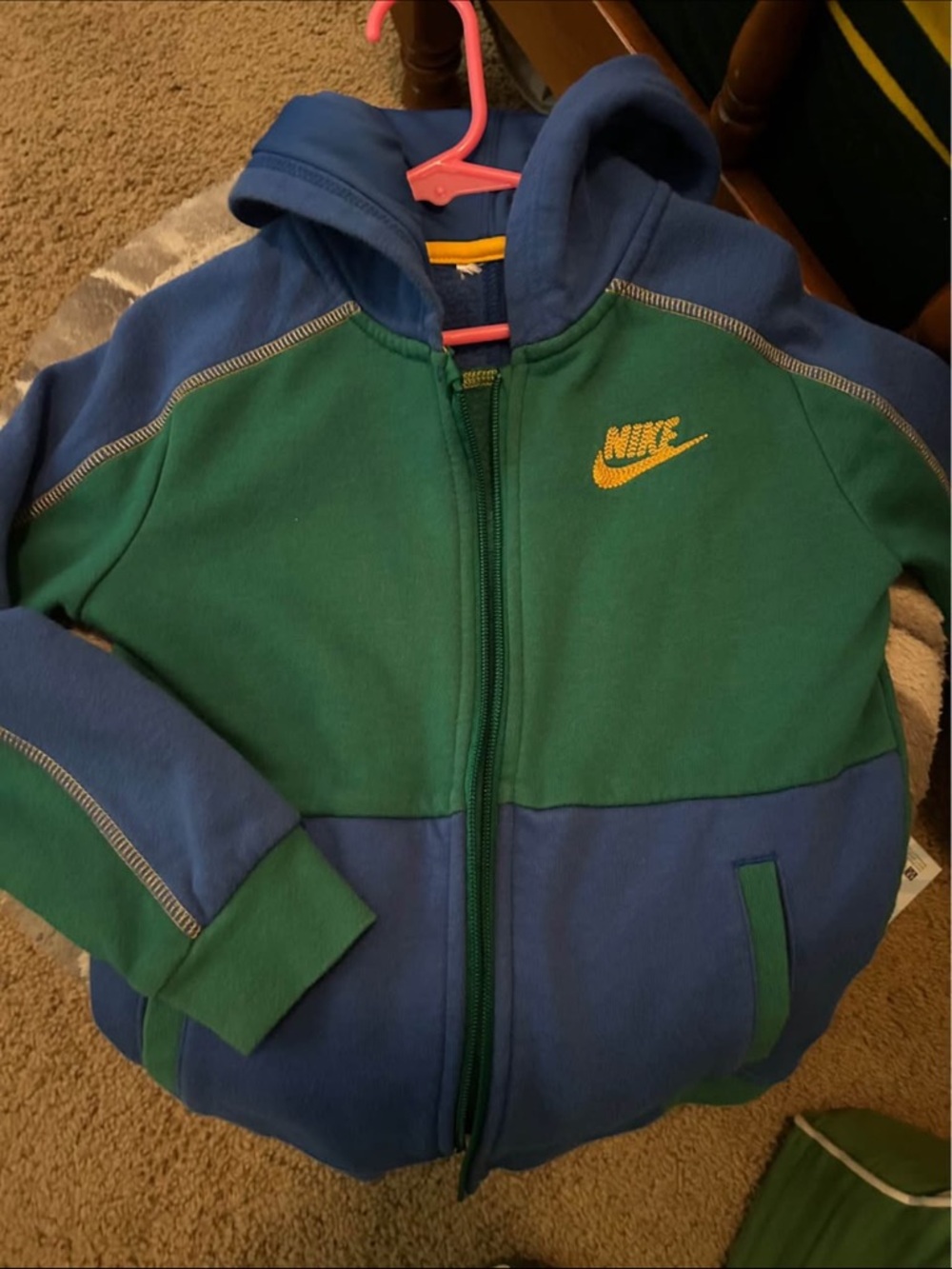 Nike Blue & Green Hooded Zip Sweatshirt with Yellow Swoosh